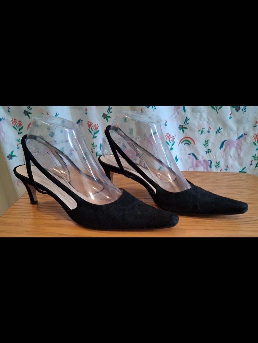 EUC Hobbs Black Suede Kitten Slingback Goth Pointed Heel Pump Shoe SZ 8.5